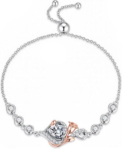 Iefil Birthstone Bracelets for Women - 925 Sterling Silver Adjustable Birthstone Bracelet, Rose Heart Bracelet, Anniversary Birthday Gifts for Women Wife Mom in Kuwait