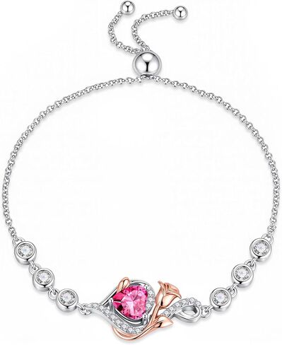 Iefil Birthstone Bracelets for Women - 925 Sterling Silver Adjustable Birthstone Bracelet, Rose Heart Bracelet, Anniversary Birthday Gifts for Women Wife Mom in Kuwait