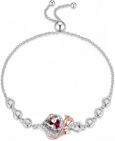 Iefil Birthstone Bracelets for Women - 925 Sterling Silver Adjustable Birthstone Bracelet, Rose Heart Bracelet, Anniversary Birthday Gifts for Women Wife Mom in Kuwait