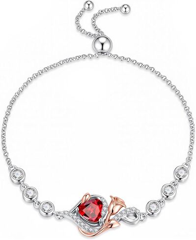 Iefil Birthstone Bracelets for Women - 925 Sterling Silver Adjustable Birthstone Bracelet, Rose Heart Bracelet, Anniversary Birthday Gifts for Women Wife Mom in Kuwait
