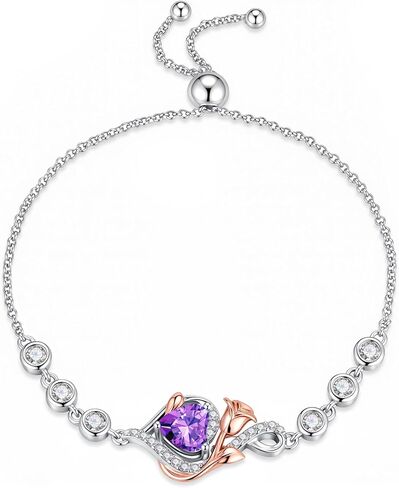 Iefil Birthstone Bracelets for Women - 925 Sterling Silver Adjustable Birthstone Bracelet, Rose Heart Bracelet, Anniversary Birthday Gifts for Women Wife Mom in Kuwait