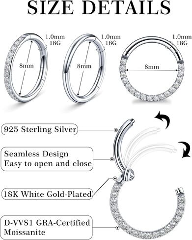 3Pcs 18G Moissanite Round Hoop Nose Ring Set 925 Sterling Silver Women's Nose Ring Set Hypoallergenic Hoop Design Suitable for Both Men and Women in Kuwait