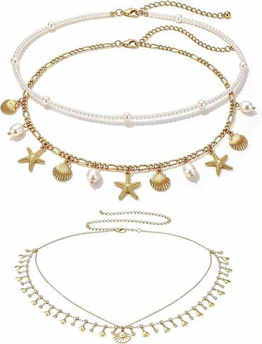 2 Pcs Waist Chain Set, Faux Pearl Shell Starfish and Rhinestone Belly Chain Jewelry, Adjustable Boho Waist Accessories for Summer Festival Beach Styling, for Women in Saudi Arabia