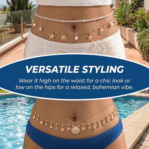 2 Pcs Waist Chain Set, Faux Pearl Shell Starfish and Rhinestone Belly Chain Jewelry, Adjustable Boho Waist Accessories for Summer Festival Beach Styling, for Women in Saudi Arabia