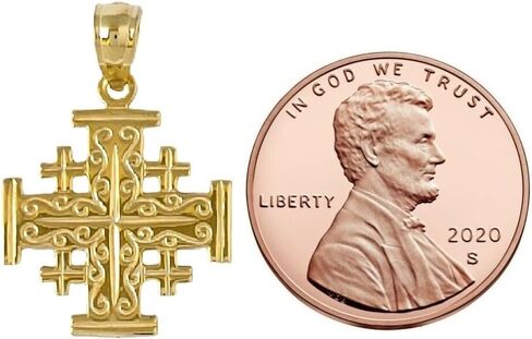 14K Yellow Gold Jerusalem Cross Pendant, Made in USA in Kuwait