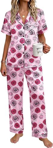 Ekouaer Womens Silky Satin Pajamas Set Short Sleeve Button Down Sleepwear 2 Piece Lounge Set Pj Set in Kuwait