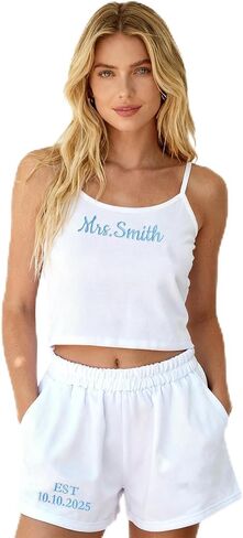 Mrs. Pajama Set, Custom Women's Tank & Joggers Set Embroidered with Name, Personalized Bride Pajamas, Mrs. Set, Bridal Shower Outfit, Engagement for Her, Party, Birthday Gifts White in Saudi Arabia