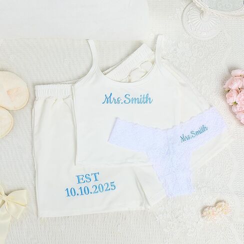 Mrs. Pajama Set, Custom Women's Tank & Joggers Set Embroidered with Name, Personalized Bride Pajamas, Mrs. Set, Bridal Shower Outfit, Engagement for Her, Party, Birthday Gifts White in Saudi Arabia