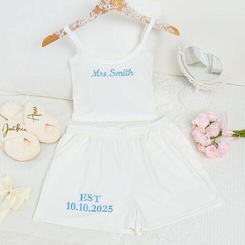 Mrs. Pajama Set, Custom Women's Tank & Joggers Set Embroidered with Name, Personalized Bride Pajamas, Mrs. Set, Bridal Shower Outfit, Engagement for Her, Party, Birthday Gifts White in Saudi Arabia