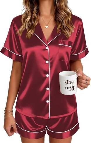 Ekouaer Satin Pajamas for Women Silk Pjs Short Set 2 Piece Button Up Lounge Sets Short Sleeve Sleepwear S-XXL in Kuwait