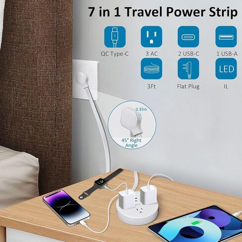 67W GAN شحن المحطة الحامي ، سلك تمديد مسطح 6 قدم ، 12 في 1 شريط الطاقة USB ، مع 8 AC ، 2 USB A & 2 USB C ، ل MacBook Pro iPhone & More in Kuwait