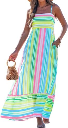 popvil Women Summer Maxi Dress 2026 Spaghetti Strap Long Beach Dress Boho A-Line Flowy Casual Sleeveless Sun Dress in Kuwait