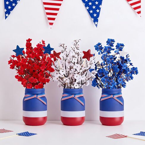 4th of July Table Decorations, Mason Jar Memorial Day Decor with Red White and Blue Artificial Baby's Breath, 4th of July Patriotic Centerpieces for Table, 10 Pcs Independence Day Decorations for Home in Saudi Arabia
