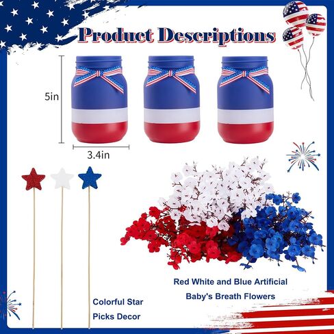 4th of July Table Decorations, Mason Jar Memorial Day Decor with Red White and Blue Artificial Baby's Breath, 4th of July Patriotic Centerpieces for Table, 10 Pcs Independence Day Decorations for Home in Saudi Arabia