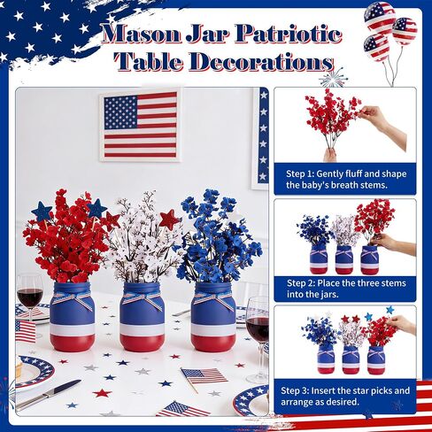 4th of July Table Decorations, Mason Jar Memorial Day Decor with Red White and Blue Artificial Baby's Breath, 4th of July Patriotic Centerpieces for Table, 10 Pcs Independence Day Decorations for Home in Saudi Arabia