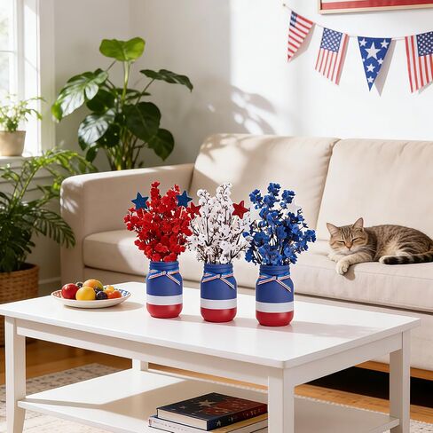 4th of July Table Decorations, Mason Jar Memorial Day Decor with Red White and Blue Artificial Baby's Breath, 4th of July Patriotic Centerpieces for Table, 10 Pcs Independence Day Decorations for Home in Saudi Arabia
