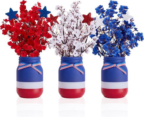 4th of July Table Decorations, Mason Jar Memorial Day Decor with Red White and Blue Artificial Baby's Breath, 4th of July Patriotic Centerpieces for Table, 10 Pcs Independence Day Decorations for Home in Saudi Arabia