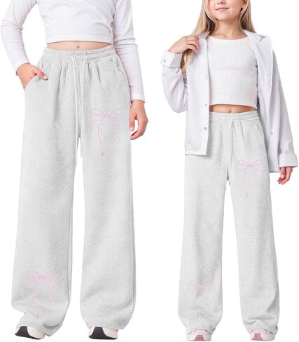 Girls Bowknot Baggy Sweatpants Teen Trendy Wide Leg Sweat Pants Elastic Waist Loose Jogger Casual Kids for 4-16Y in Saudi Arabia