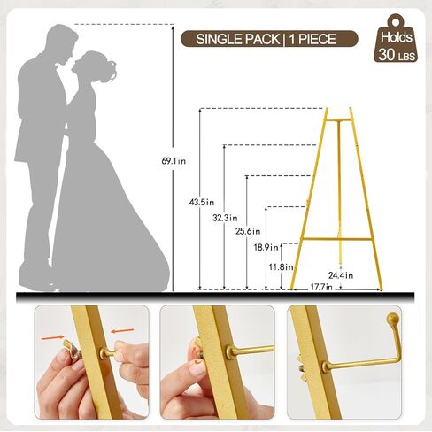 43.5" Gold Metal Easel Stand for Sign, Heavy Duty Folding Easel for Wedding Welcome Sign, Decorative Easel for Mirror, Art, Photo, Adjustable Painting Display 4-Tier Height in Kuwait
