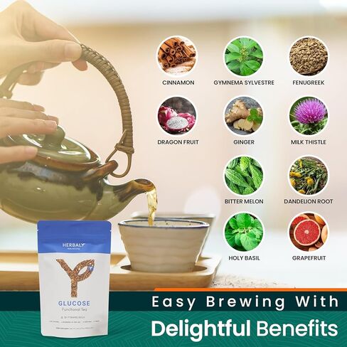 Herbaly Glucose Functional Tea - Vitality & Wellness - Gymnema Sylvestre, Ceylon Cinnamon, Bitter Melon, Dandelion Root, Fenugreek - Daily Teas - Organic Plant-Based Tea Bag Pyramids - 30 ct in Saudi Arabia