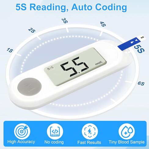 Blood Sugar Monitor,Glucose Monitor Kit with 50 Test Strips & 50 Lancets for Diabetes Testing, Blood Glucose Meter with Auto Eject, No Coding & Large LCD for Seniors in Saudi Arabia