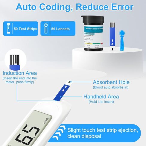 Blood Sugar Monitor,Glucose Monitor Kit with 50 Test Strips & 50 Lancets for Diabetes Testing, Blood Glucose Meter with Auto Eject, No Coding & Large LCD for Seniors in Saudi Arabia