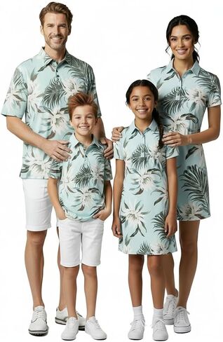 Hawaii Hangover Family Matching Tropical Polo Shirts & Polo Dresses – Wispy Cereus Light Blue Resort Golf Outfits in Kuwait