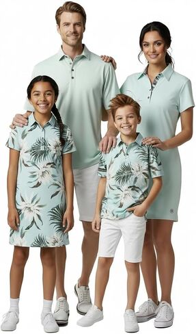 Hawaii Hangover Family Matching Tropical Polo Shirts & Polo Dresses – Wispy Cereus Light Blue Resort Golf Outfits in Kuwait