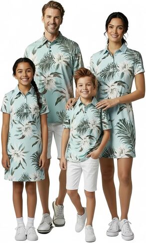 Hawaii Hangover Family Matching Tropical Polo Shirts & Polo Dresses – Wispy Cereus Light Blue Resort Golf Outfits in Kuwait