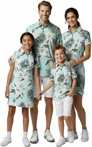Hawaii Hangover Family Matching Tropical Polo Shirts & Polo Dresses – Wispy Cereus Light Blue Resort Golf Outfits in Kuwait