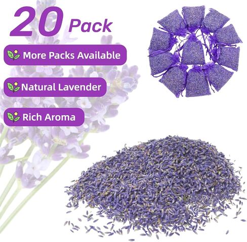 20 Pack Lavender Sachet Bags - 100% Natural Dried Lavender Buds for Closets Drawers Car & Home | French Potpourri Fragrance Sachets Rich Aroma Air Long Lasting Fresh Scents in Saudi Arabia