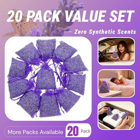 20 Pack Lavender Sachet Bags - 100% Natural Dried Lavender Buds for Closets Drawers Car & Home | French Potpourri Fragrance Sachets Rich Aroma Air Long Lasting Fresh Scents in Saudi Arabia