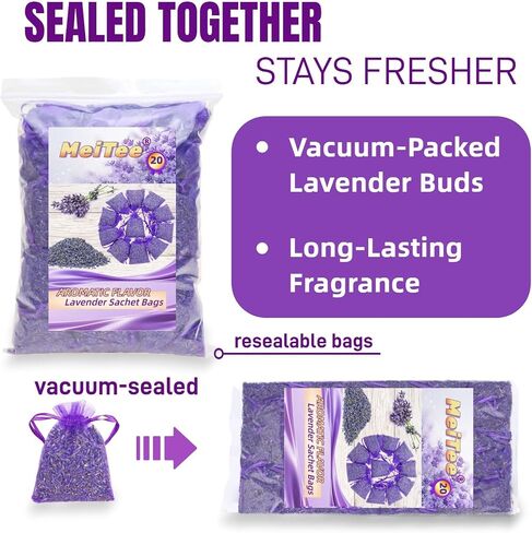 20 Pack Lavender Sachet Bags - 100% Natural Dried Lavender Buds for Closets Drawers Car & Home | French Potpourri Fragrance Sachets Rich Aroma Air Long Lasting Fresh Scents in Saudi Arabia