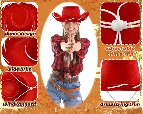 Red Cowgirl Hat Brown Felt Cowboy Hat 2Pcs Western Sheriff Costume Hats for Men Women Wild West Rodeo Halloween Cosplay Themed Party in Saudi Arabia