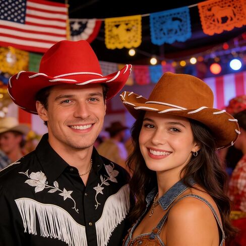 Red Cowgirl Hat Brown Felt Cowboy Hat 2Pcs Western Sheriff Costume Hats for Men Women Wild West Rodeo Halloween Cosplay Themed Party in Saudi Arabia