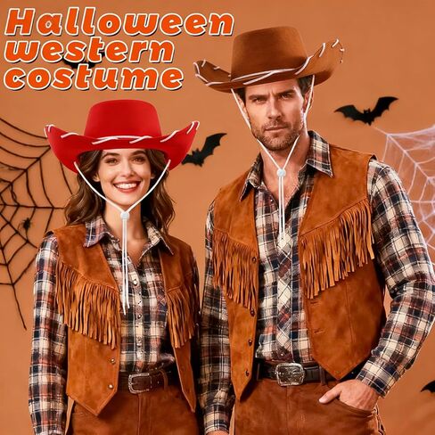 Red Cowgirl Hat Brown Felt Cowboy Hat 2Pcs Western Sheriff Costume Hats for Men Women Wild West Rodeo Halloween Cosplay Themed Party in Saudi Arabia