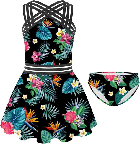 ADUKIDE 9-18T Girls Two Piece Tankini Swimsuits Teens Criss Cross Straps Bathing Suit Flowy Swimdress with Bottom in Kuwait