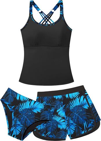 WIQI Girls Swimsuit 3 Piece Bathing Suits for Girls Tankini Sets with Print Shorts Crossback Teen Girl Swimwear 9-16Y in Saudi Arabia