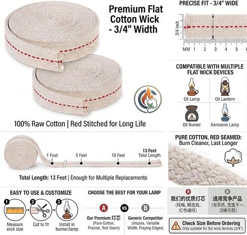 3/4 Inch Oil Lamp Wick, 2 Rolls 13 Feet Flat Cotton Replacement Wick for Oil Lamps, Oil Lanterns and Oil Burners, Cut to Fit Kerosene Lamp Wick in Kuwait