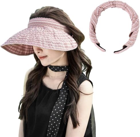 Sun Visor Hats Women Foldable Large Brim Summer UV Protection Beach Cap 2-in-1 Convertible Sun Visor Sun Hat Headband in Kuwait