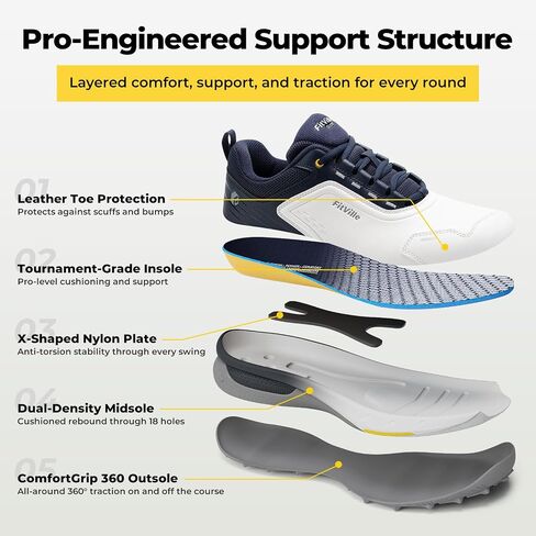 FitVille Wide Men's Spikeless Golf Shoes, Professional Water Resistant Mens Golf Shoes for Course, Outdoor | برو-جرين إيز V7 in Kuwait
