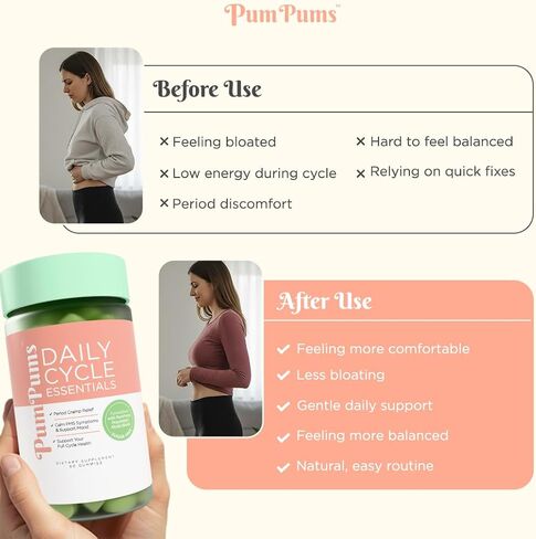 PumPums™ Daily Cycle Essentials - Women's Period & PMS Support Gummies with Pickle Extract, Apple Cider Vinegar, Magnesium | Period Cramps, PMS, Bloating & Mood Balance | Sugar-Free, Vegan, 60 Gummies in Kuwait
