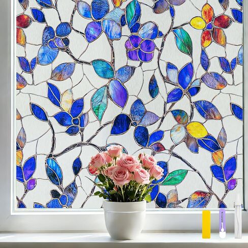COUNTEWOL Window Privacy Film with Installation Tools Home Decorative Colored Glass Window Stickers Reusable electrostatic Rainbow Stickers (Greenery Leaf, 17.5 x 78.7 in) in Saudi Arabia