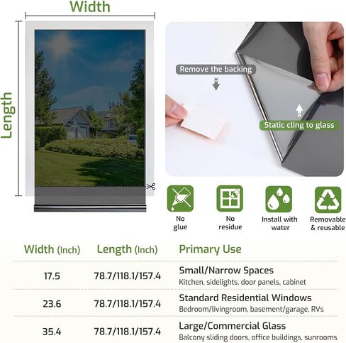 LUTE One Way Window Privacy Film, Window Tint for Home, Sun Blocking UV Heat Blocker, See Out Not in Reflective Mirror Film, Removable Static Cling Glass Door Cover, Black Silver, 17.5" x 78.7" in Saudi Arabia