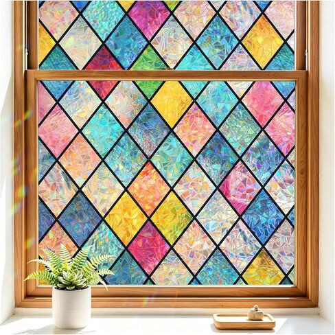 Haton Window Privacy Film Stained Glass Film, Rainbow Decorative Window Cling, Static Cling Sun Blocking Decals for Home Door, 3D Colorful Lattice Stickers, Non-Adhesive 17.5" x 78.7" in Saudi Arabia