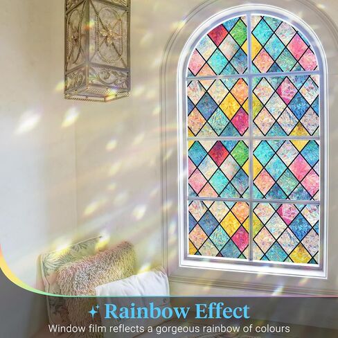 Haton Window Privacy Film Stained Glass Film, Rainbow Decorative Window Cling, Static Cling Sun Blocking Decals for Home Door, 3D Colorful Lattice Stickers, Non-Adhesive 17.5" x 78.7" in Saudi Arabia