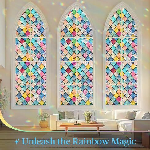 Haton Window Privacy Film Stained Glass Film, Rainbow Decorative Window Cling, Static Cling Sun Blocking Decals for Home Door, 3D Colorful Lattice Stickers, Non-Adhesive 17.5" x 78.7" in Saudi Arabia