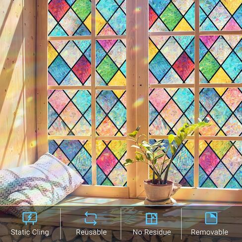 Haton Window Privacy Film Stained Glass Film, Rainbow Decorative Window Cling, Static Cling Sun Blocking Decals for Home Door, 3D Colorful Lattice Stickers, Non-Adhesive 17.5" x 78.7" in Saudi Arabia