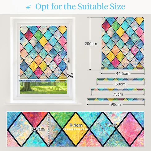 Haton Window Privacy Film Stained Glass Film, Rainbow Decorative Window Cling, Static Cling Sun Blocking Decals for Home Door, 3D Colorful Lattice Stickers, Non-Adhesive 17.5" x 78.7" in Saudi Arabia
