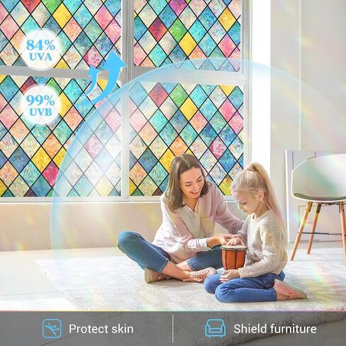 Haton Window Privacy Film Stained Glass Film, Rainbow Decorative Window Cling, Static Cling Sun Blocking Decals for Home Door, 3D Colorful Lattice Stickers, Non-Adhesive 17.5" x 78.7" in Saudi Arabia